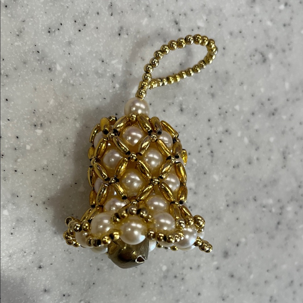 Vtg Christmas Bell Beaded Handmade Ornament Faux Ivory Pearls & Gold Tone Beads